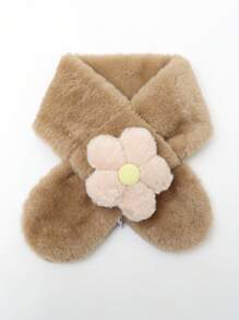 1pc Children's Cute Small Flower Design Thick Plush Warm Scarf Suitable For Daily Use - Khaki - View 1