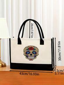 女款骷髏印花帆布手提包，時尚單肩包，適合雜貨、水果、飲料、零食、餐盒、化妝品、杯子、電話、個人物品等。