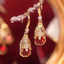 1對時尚節慶風格貔貅雕刻精緻時尚大氣的紅色耳環，秋冬女性婚禮和節日佩戴 - 酒紅色 - 查看 6