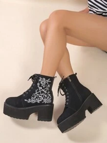 哥德式刺繡天鵝絨短靴、黑色厚底厚底靴 - 黑色 - 查看 1