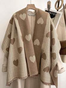 1入款女士時尚圍巾,冬季韓國風格愛心格紋設計雙面仿羊絨圍巾,多功能披肩