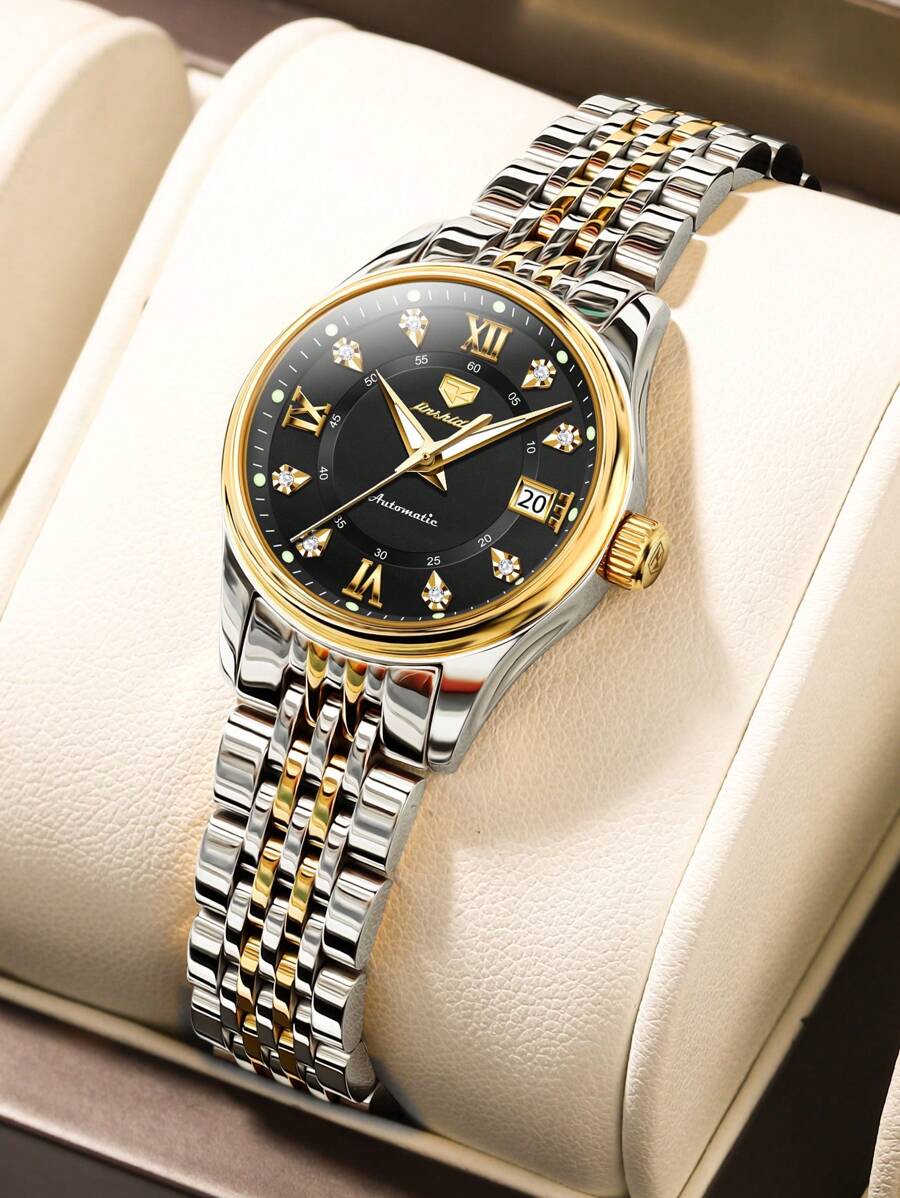 OLEVS. OLEVS Automatic Watches For Women Mechanical Self Winding Luxury Dress Diamond Dial Stainless Steel Strap Waterproof Luminous Date Ladies Watches - 金黑 - 查看 1