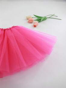 Falda De Tutú De Malla De Color Sólido Para Niñas, Estilo Casual, Adecuada Para Presentaciones En El Escenario - Rosa Fucsia - Ver 2
