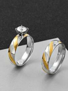 2 件男士经典浪漫戒指，不锈钢情侣水钻戒指结婚戒指