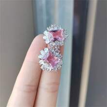 1對粉色時尚水晶&仿真花朵耳釘,適用於女士派對穿搭 - 粉色 - 查看 3