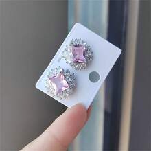 1對粉色時尚水晶&仿真花朵耳釘,適用於女士派對穿搭 - 粉色 - 查看 2