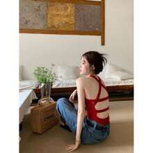 MISHAKA Women's Backless Tank Top With Chest Pads, Beautiful Back Cross Design, Sexy And Unique Style, Ideal For Summer And Underwear, Designer Feeling Blouse - Red - View 1