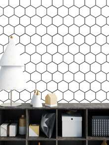 5 Unids/set De Papel Tapiz Autoadhesivo De Panal Hexagonal Simple, Pegatina De Pared Con Patrón Geométrico Impermeable Para Cocina A Prueba De Aceite, Decoración Del Hogar - Blanco y Negro - Ver 3