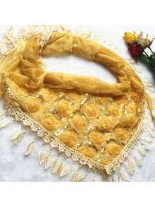 1 Pieza Bufanda Triangular Con Borlas De Rosa Bordada Y Doble Uso Para Mujer, Cálida Para Uso Diario - Amarillo - Ver 3