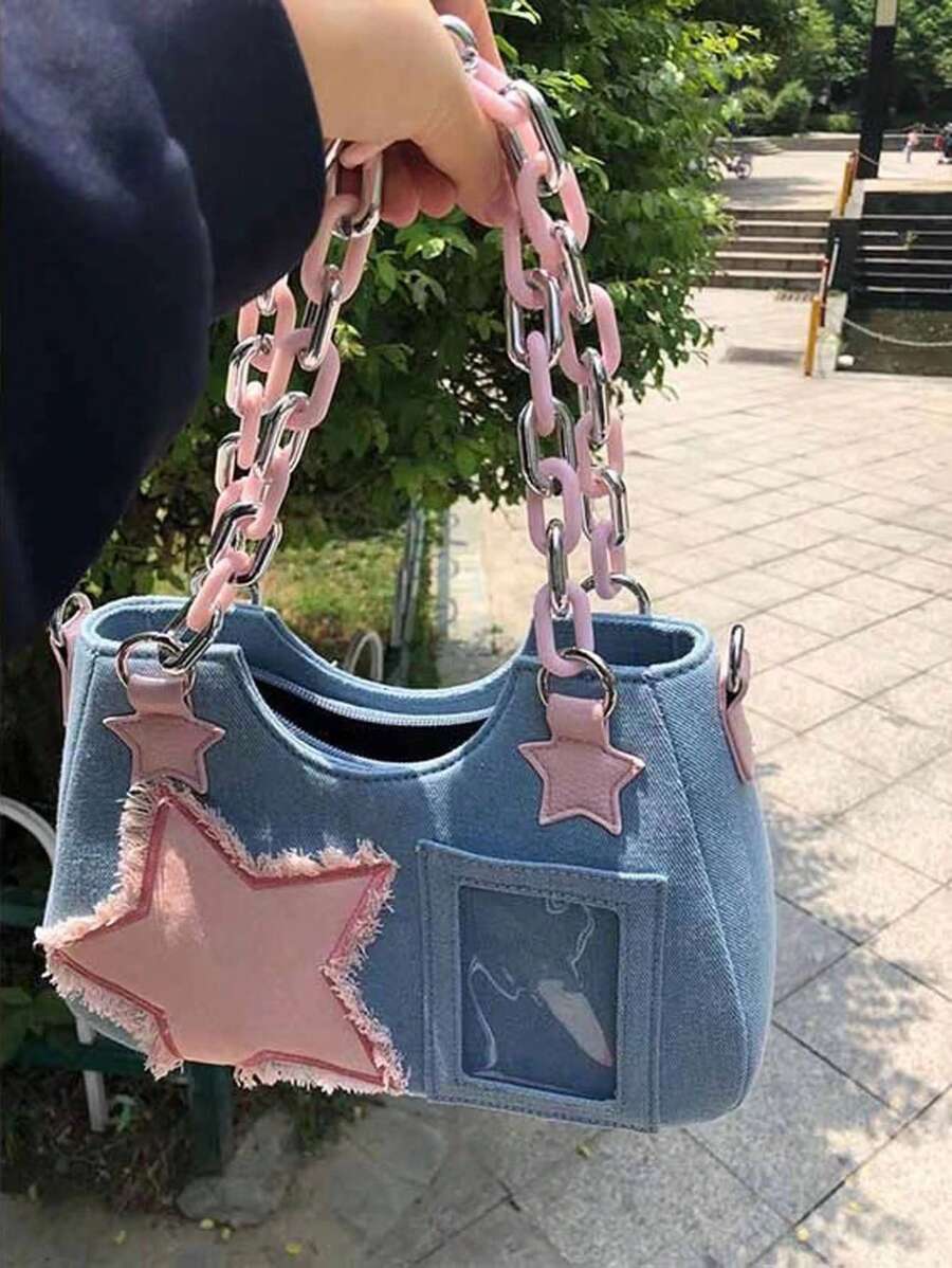 Túi đeo chéo vai denim Y2K dành cho nữ mới 2024, được trang bị dây đeo trang trí và dây xích với thiết kế trang trí họa tiết ngôi sao, thích hợp cho các bữa tiệc, du lịch và mua sắm Túi đeo vai denim cổ điển và cổ điển hợp thời trang Túi nữ in hình ngôi sao hợp thời trang - Màu xanh lam - Xem 1