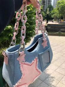 Túi đeo chéo vai denim Y2K dành cho nữ mới 2024, được trang bị dây đeo trang trí và dây xích với thiết kế trang trí họa tiết ngôi sao, thích hợp cho các bữa tiệc, du lịch và mua sắm Túi đeo vai denim cổ điển và cổ điển hợp thời trang Túi nữ in hình ngôi sao hợp thời trang - Màu xanh lam - Xem 2