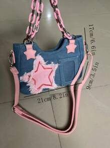 Túi đeo chéo vai denim Y2K dành cho nữ mới 2024, được trang bị dây đeo trang trí và dây xích với thiết kế trang trí họa tiết ngôi sao, thích hợp cho các bữa tiệc, du lịch và mua sắm Túi đeo vai denim cổ điển và cổ điển hợp thời trang Túi nữ in hình ngôi sao hợp thời trang - Màu xanh lam - Xem 3