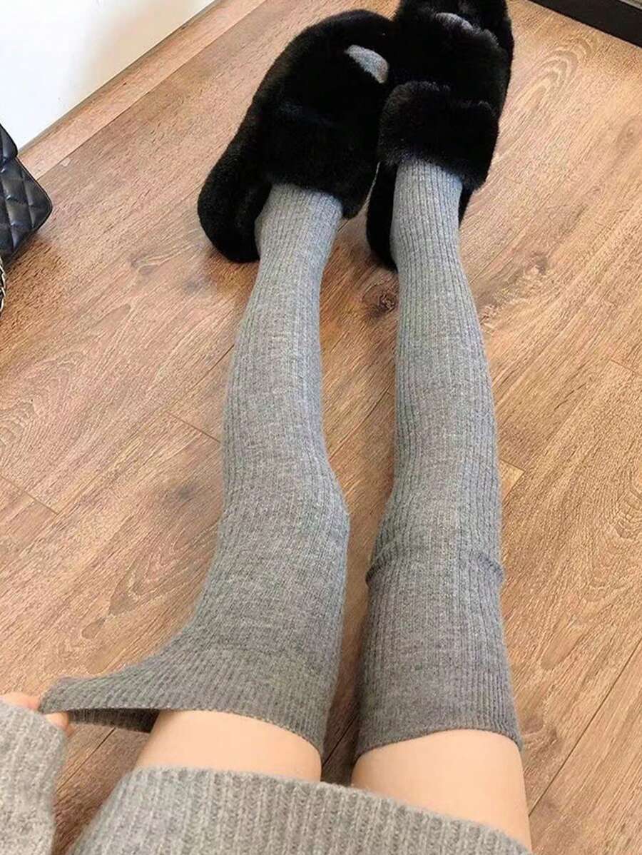 1對女性簡約休閒過膝襪,秋冬jk風格 - 灰色 - 查看 1