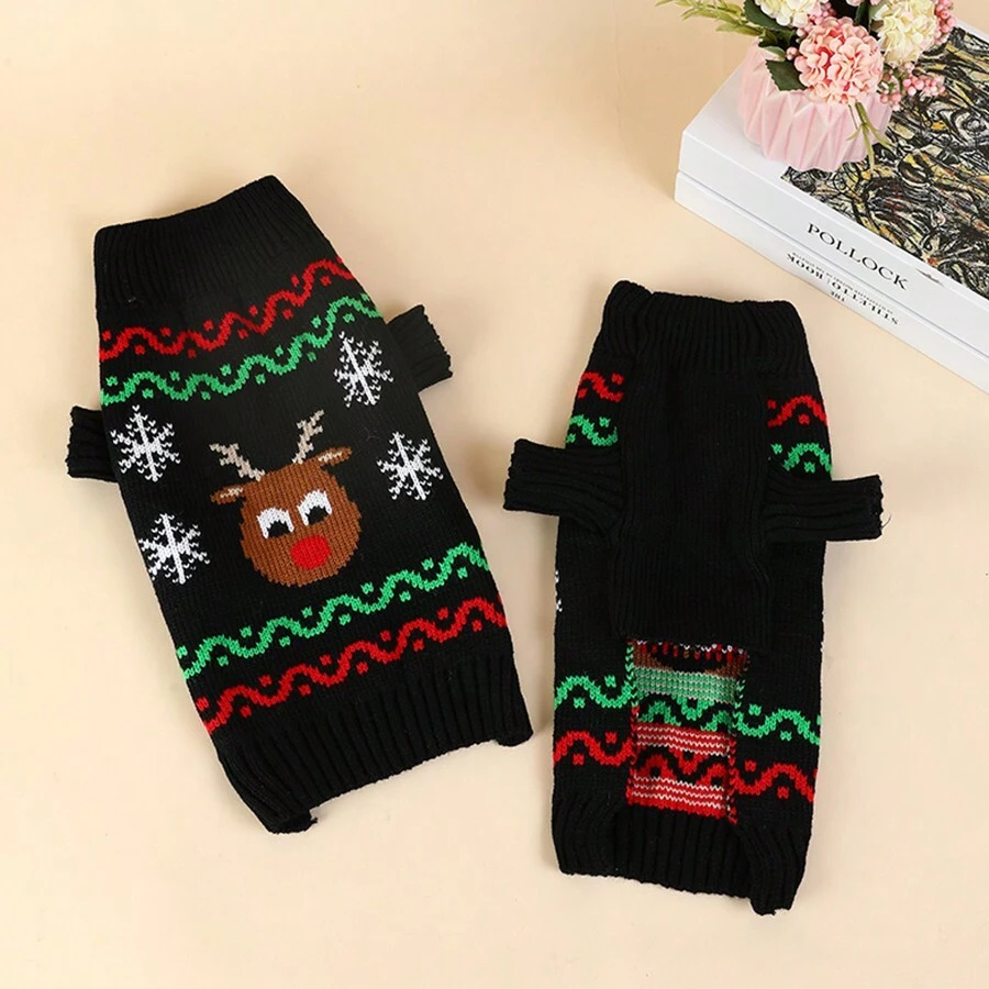 1件黑色針織毛衣帶有聖誕馴鹿和貓圖案,適合室內外秋冬穿著 - 黑色 - 查看 1