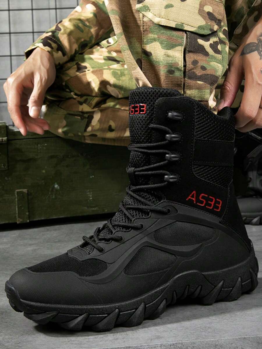 1雙黑色工作靴,男士秋冬時尚高幫橡膠鞋底徒步鞋,適用於戶外訓練、登山、徒步旅行和雪山漫步 - 黑色 - 查看 1