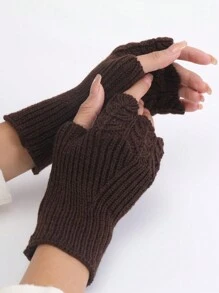 1双女士短款咖啡色鱼鳞纹针织手套，保暖半指露指手套，夏季保暖袖套 - 咖啡棕 - 查看 3