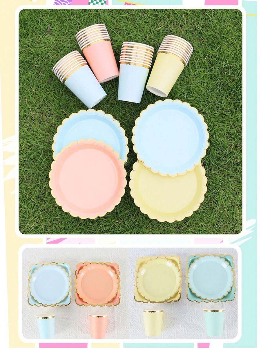 10 Vasos Desechables Amarillos Con Borde Dorado, Diseño De Arte De Estampado De Lámina - Amarillo - Ver 1