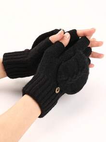 1 双女士羊毛混纺针织露指流苏臂套，秋冬保暖短信手套 - 黑色 - 查看 3