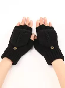 1 双女士羊毛混纺针织露指流苏臂套，秋冬保暖短信手套 - 黑色 - 查看 1