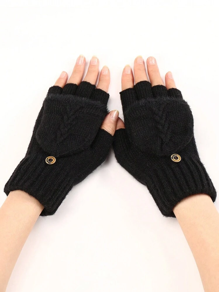 1 Pair Women Wool Blend Knitted Fingerless Arm Warmers With Fringes, Fall Winter Warm Texting Gloves - Black - View 1