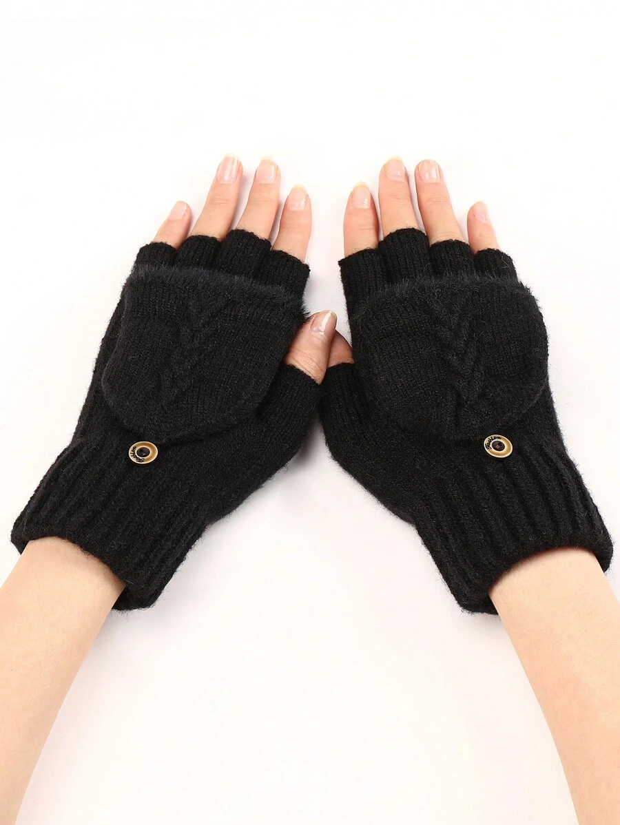 1 双女士羊毛混纺针织露指流苏臂套，秋冬保暖短信手套 - 黑色 - 查看 1