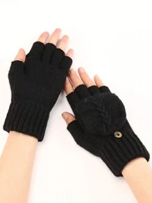 1 双女士羊毛混纺针织露指流苏臂套，秋冬保暖短信手套 - 黑色 - 查看 2