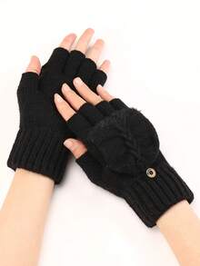 1 双女士羊毛混纺针织露指流苏臂套，秋冬保暖短信手套 - 黑色 - 查看 5