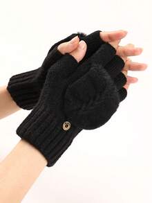 1 双女士羊毛混纺针织露指流苏臂套，秋冬保暖短信手套 - 黑色 - 查看 4