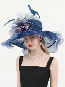 HIMESPORT 寬邊有絲綢花邊和羽毛的女士深藍色 Organza 髮飾禮帽,適用於肯塔基 Derby、雞尾酒、茶會、派對