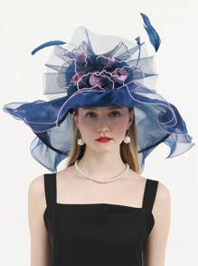 HIMESPORT 寬邊有絲綢花邊和羽毛的女士深藍色 Organza 髮飾禮帽,適用於肯塔基 Derby、雞尾酒、茶會、派對