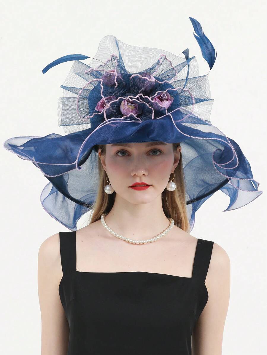 HIMESPORT 寬邊有絲綢花邊和羽毛的女士深藍色 Organza 髮飾禮帽,適用於肯塔基 Derby、雞尾酒、茶會、派對