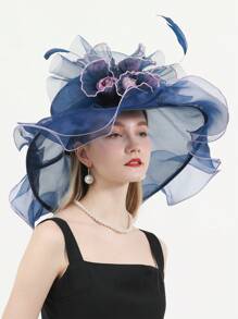 HIMESPORT 寬邊有絲綢花邊和羽毛的女士深藍色 Organza 髮飾禮帽,適用於肯塔基 Derby、雞尾酒、茶會、派對