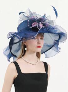 HIMESPORT 寬邊有絲綢花邊和羽毛的女士深藍色 Organza 髮飾禮帽,適用於肯塔基 Derby、雞尾酒、茶會、派對