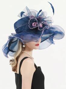 HIMESPORT 寬邊有絲綢花邊和羽毛的女士深藍色 Organza 髮飾禮帽,適用於肯塔基 Derby、雞尾酒、茶會、派對