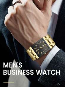 時尚男士VA VA VOOM豪華銀色不銹鋼表帶防水方形時鐘，帶日曆商務禮物石英手錶，適合日常商務穿著