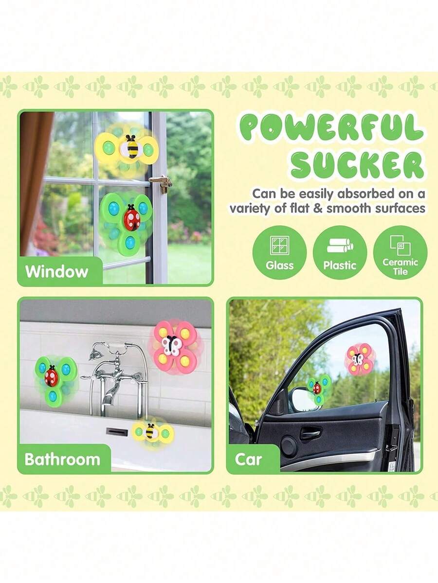 1 Set Of 3 Random Color Insect Design Suction Cup Spinning Top And Flower Gyro Infant Educational Toy, Rotating Disk Type - Multicolor - View 1