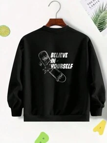 Tween Boy 1pc Skateboard & Slogan Graphic Drop Shoulder Pullover - Black - View 3