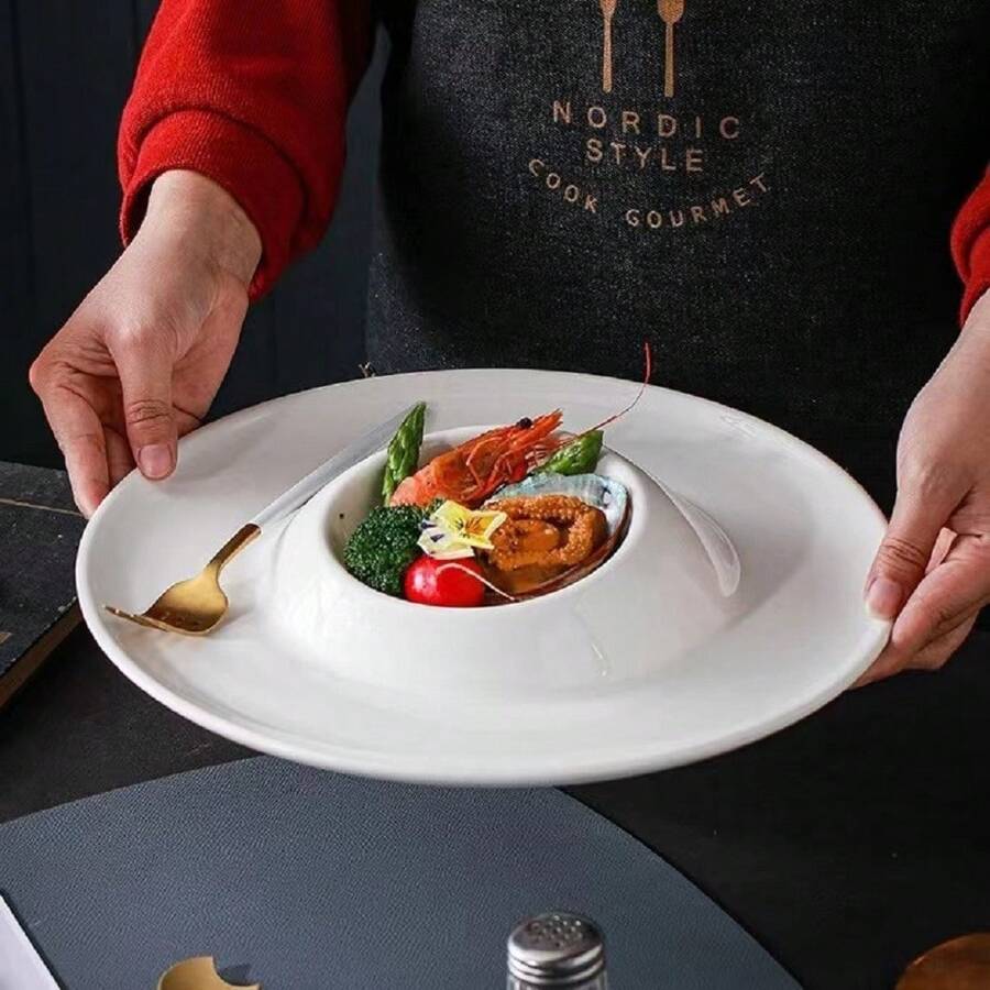 1pc Volcano-Shaped Ceramic Plate With Inner Bowl, Multipurpose Dish For Soup, Salad, Pasta, Fruit And Dessert, Creative Tableware With French & Scandinavian Style, White, 10 Inch Or 12 Inch Available - White - View 1