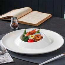 1pc Volcano-Shaped Ceramic Plate With Inner Bowl, Multipurpose Dish For Soup, Salad, Pasta, Fruit And Dessert, Creative Tableware With French & Scandinavian Style, White, 10 Inch Or 12 Inch Available - White - View 3