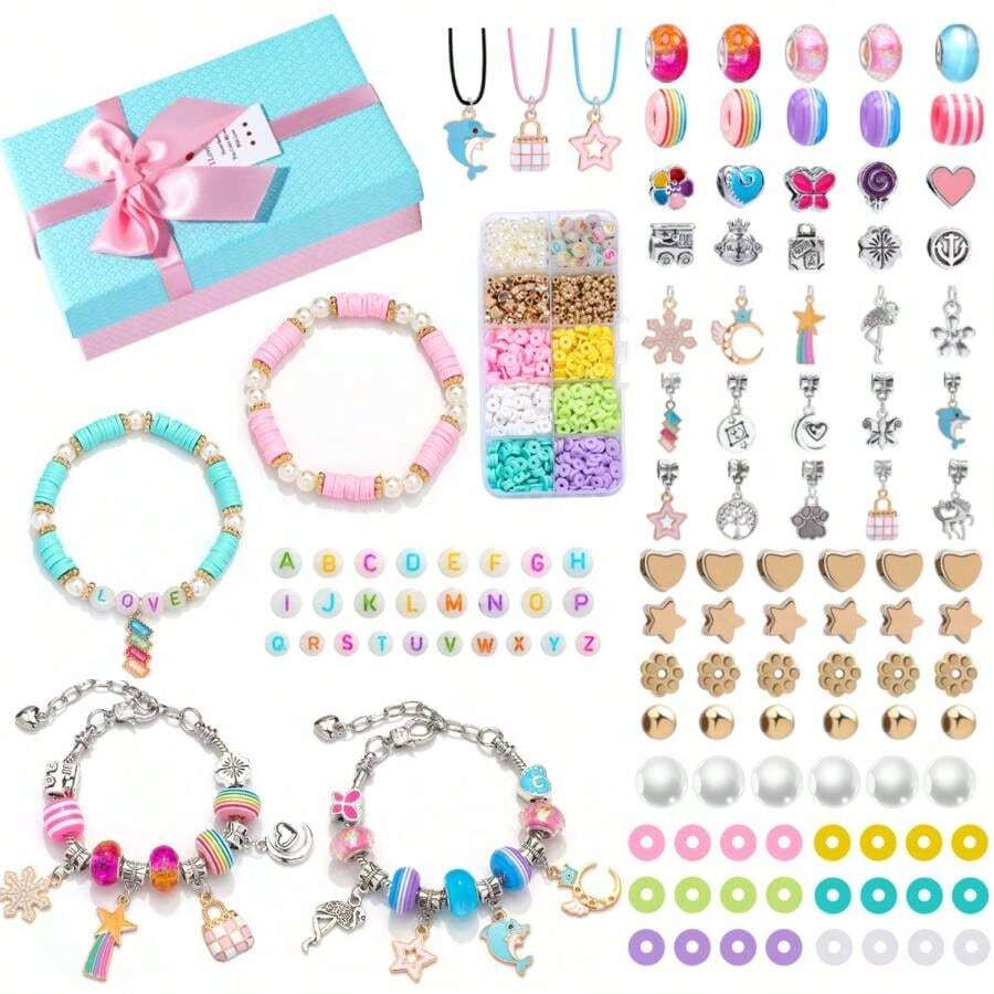 362件女孩diy黏土珠子製作用品和魅力手鐲製作套件,送禮即用,有趣又容易做,可愛閃亮珠寶套件手工禮物盒,適用於生日、聖誕、新年珠寶製作禮物盒 - 彩色 - 查看 1