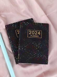 1入組彩色2024年a7英文日程安排筆記本,激光星空效果,薄型周刊日程安排筆記本,365天時間管理軸心,自填日記的便攜式日記 - 黑色 - 查看 2