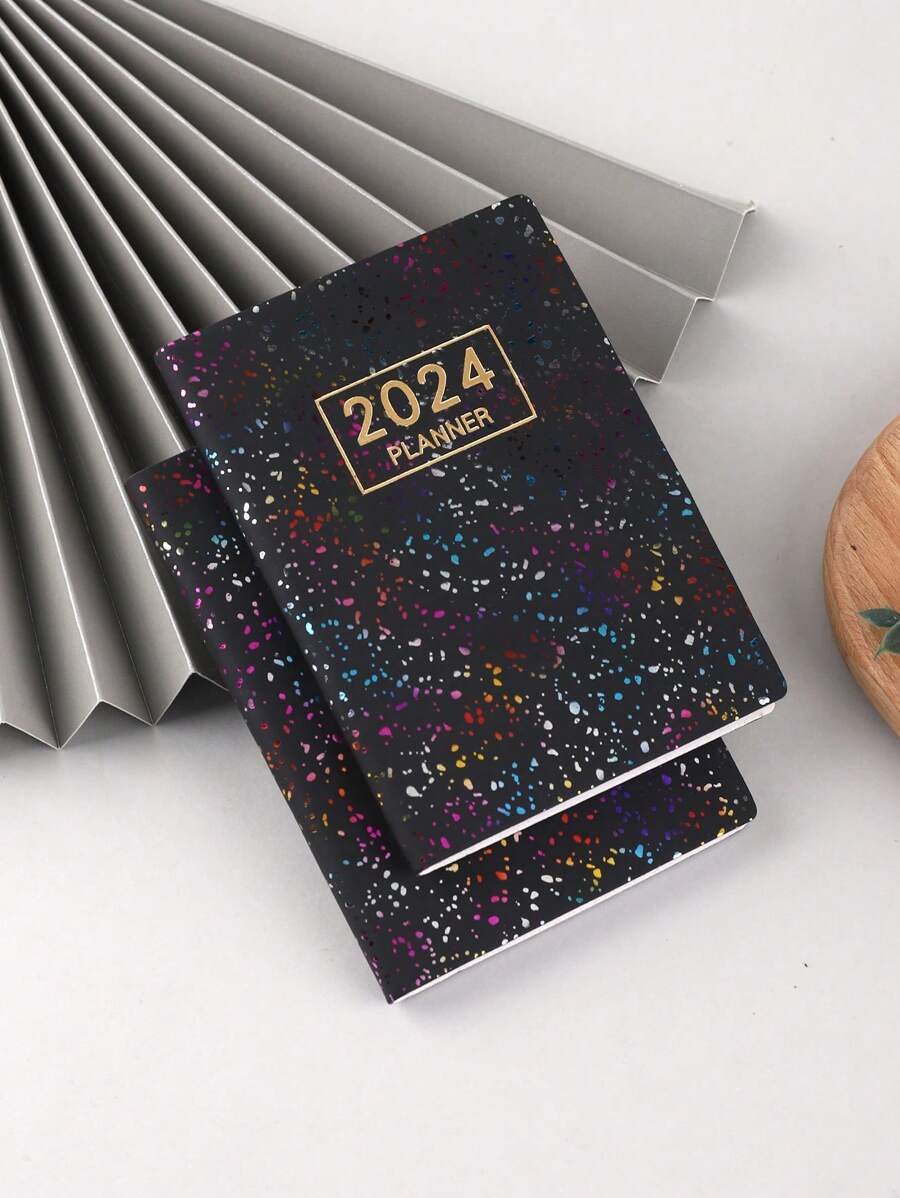1入組彩色2024年a7英文日程安排筆記本,激光星空效果,薄型周刊日程安排筆記本,365天時間管理軸心,自填日記的便攜式日記 - 黑色 - 查看 1