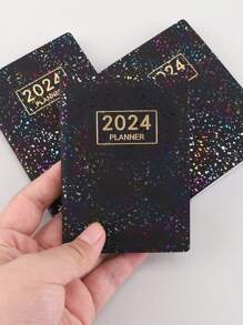 1入組彩色2024年a7英文日程安排筆記本,激光星空效果,薄型周刊日程安排筆記本,365天時間管理軸心,自填日記的便攜式日記 - 黑色 - 查看 3