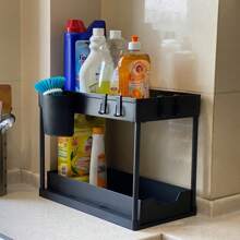 Under Sink Organizer And Storage, Kitchen Organization Rack With Double Sliding Cabinet Drawers, Multi-Purpose Storage Shelf Holder With 4 Hooks For Bathroom, Pantry, Bathroom Accessories, Room Decor