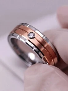 1個流行時尚8mm男士雙溝斜面不鏽鋼戒指,玫瑰金色刷砂鑲嵌aaa男式婚戒首飾禮物 - 彩色 - 查看 2