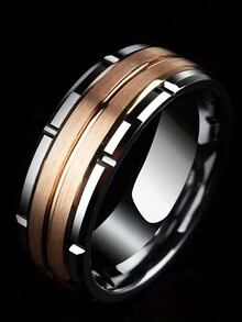 1個流行時尚8mm男士雙溝斜面不鏽鋼戒指,玫瑰金色刷砂鑲嵌aaa男式婚戒首飾禮物 - 彩色 - 查看 4