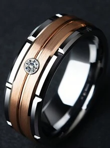 1個流行時尚8mm男士雙溝斜面不鏽鋼戒指,玫瑰金色刷砂鑲嵌aaa男式婚戒首飾禮物 - 彩色 - 查看 1