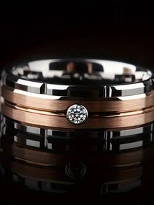 1個流行時尚8mm男士雙溝斜面不鏽鋼戒指,玫瑰金色刷砂鑲嵌aaa男式婚戒首飾禮物 - 彩色 - 查看 3