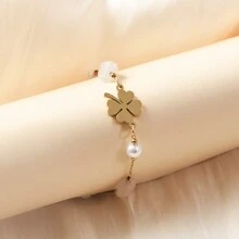 1 件女士时尚不锈钢四叶草和心形吊坠手链