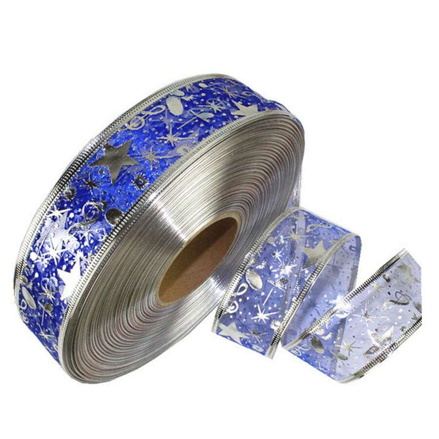 1pc Blue 2m Christmas Ribbon With Clear Butterfly & Star Pattern, Decoration For Christmas Tree And Gift Packaging - Blue - View 1